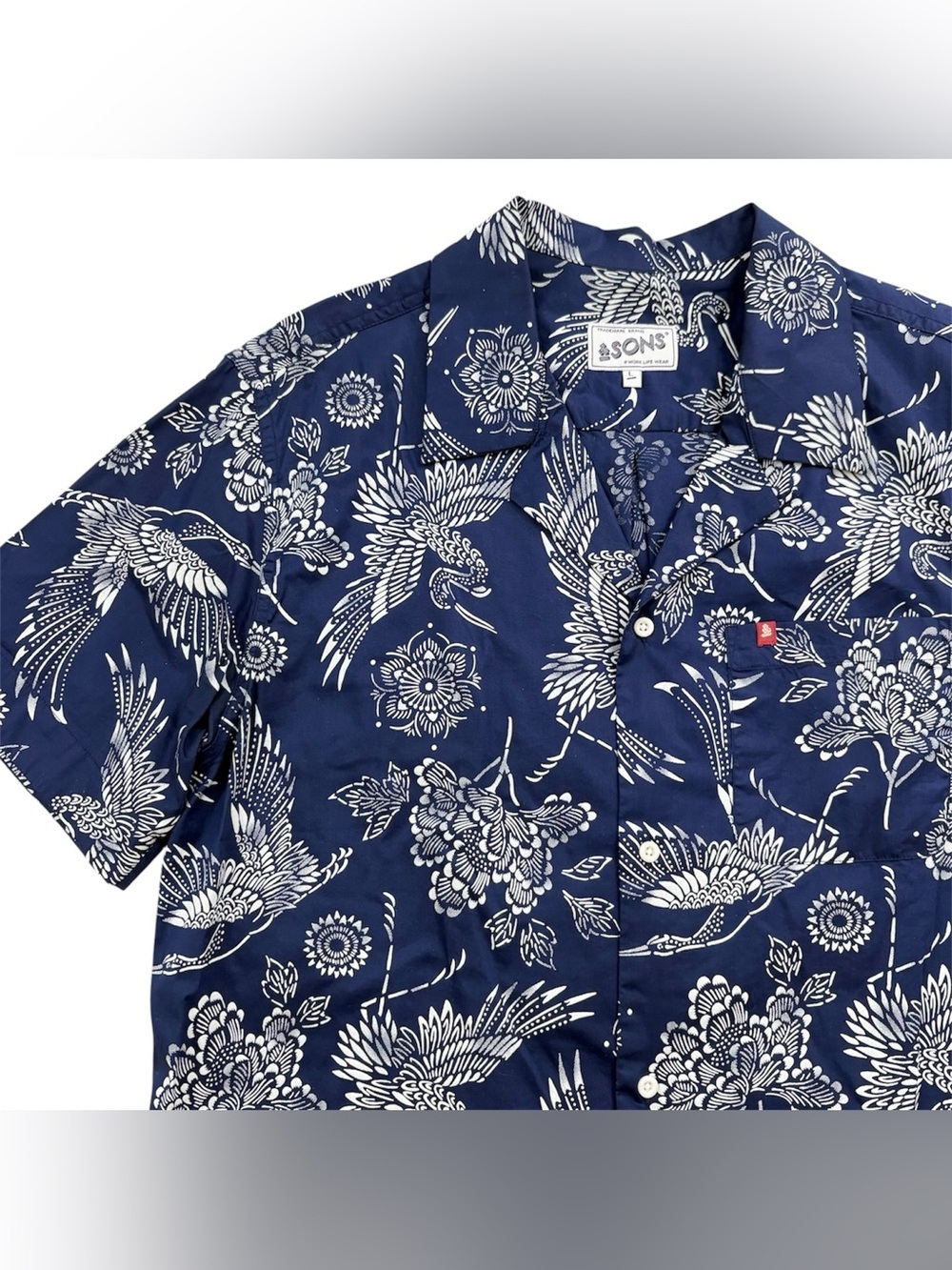 &Sons Men’s Navy Floral Crane Print Short Sleeve Button Down Shirt Large